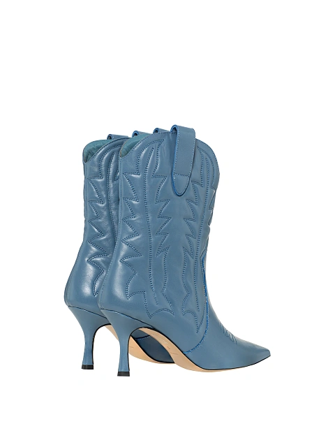 Light Blue Leather High Heel Cowboy Boots, 3