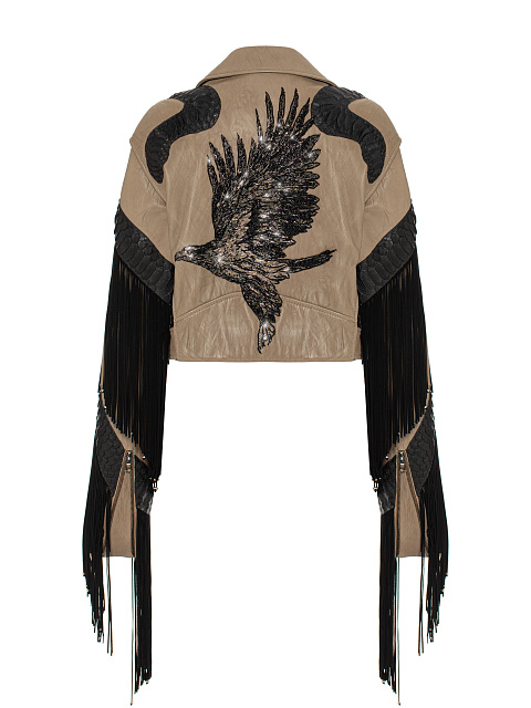 Brown Fringed & Embroidered Leather Biker Jacket, 2