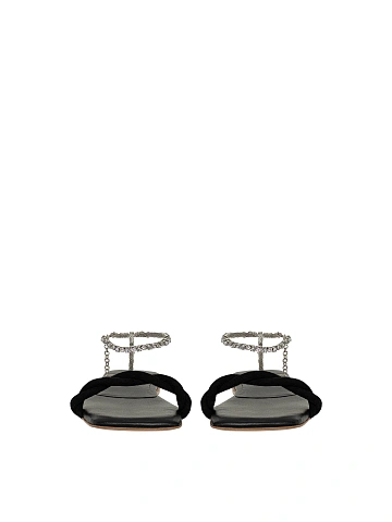 Black Rhinestones Leather Sandals, 2