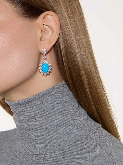 Long earrings in white gold with turquoise and diamonds, 2