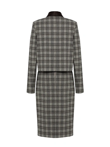 Grey Check Wool Midi Skirt Set, 2