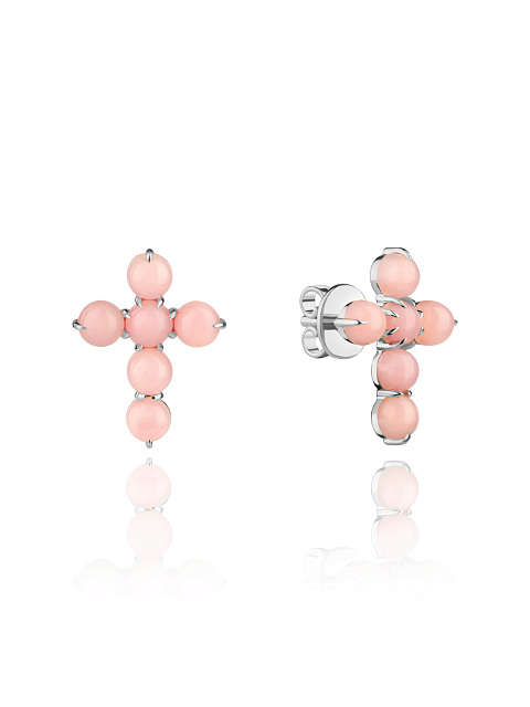 White gold stud earrings in the shape of crosses with pink opal, 1