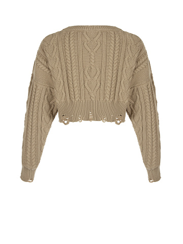 Dark Beige Cotton Cropped Cable Knit Sweater, 2