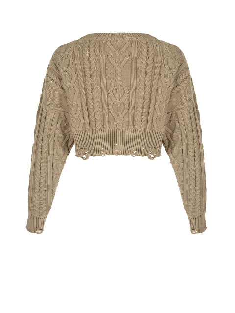 Dark Beige Cotton Cropped Cable Knit Sweater, 2 Dark Beige Cotton Cropped Cable Knit Sweater, 2