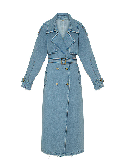 Blue Double-Breasted Denim Trench Coat, 1