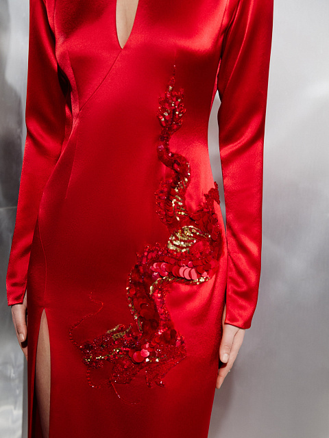 Red Silk Maxi Dress With Dragon Embroidery, 5