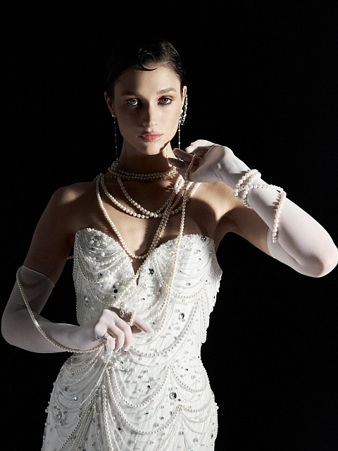 White Pearls & Rhinestones Silk Mini Dress, 5 White Pearls & Rhinestones Silk Mini Dress, 5