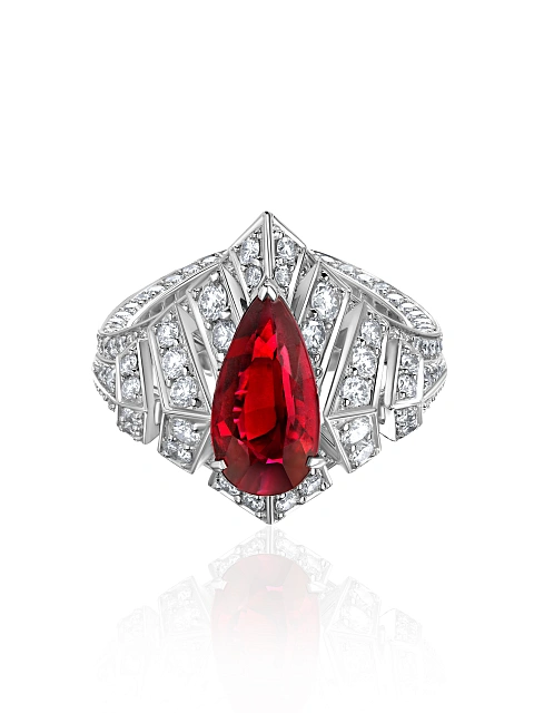 Pear Pigeon Blood Ruby, Round Diamond & White Gold Ring, 2