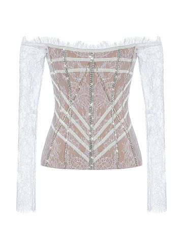 White Rhinestones Lace Longsleeve Top, 1