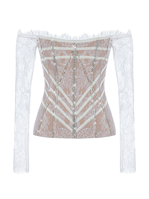 White Rhinestones Lace Longsleeve Top, 1 White Rhinestones Lace Longsleeve Top, 1