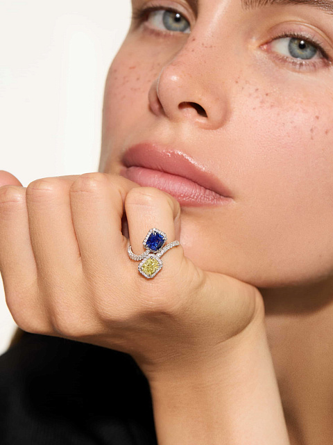 Yellow Diamond Cushion, Sapphire Cushion, Round Diamond & White Gold Ring , 3