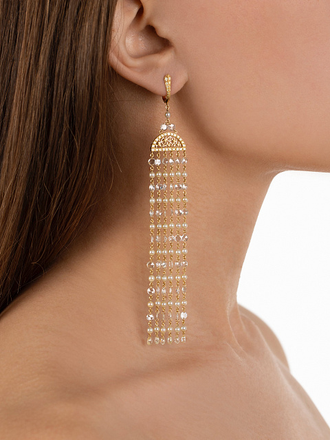 Yellow Fancy Cut Diamond, Yellow Briolette Diamond, Yellow Pearl & Gold Earrings, 2