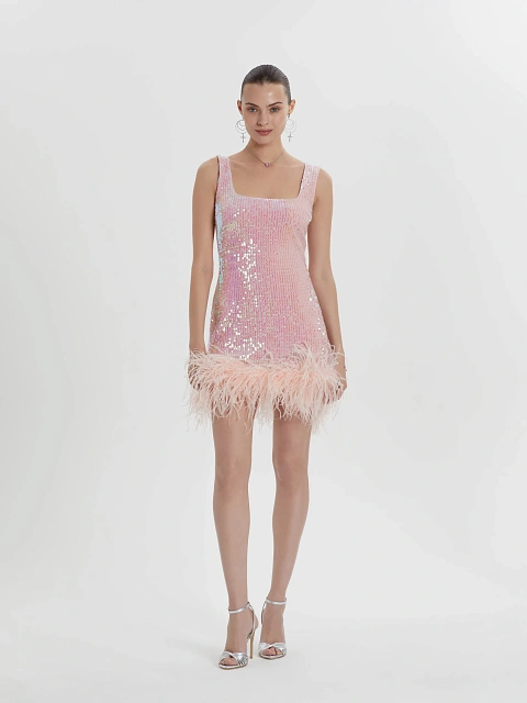 Pink Sequined Feather-Trimmed Mini Dress, 4 Pink Sequined Feather-Trimmed Mini Dress, 4