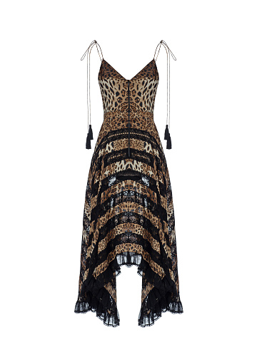 Leopard Lace Trim Silk Midi Dress, 2