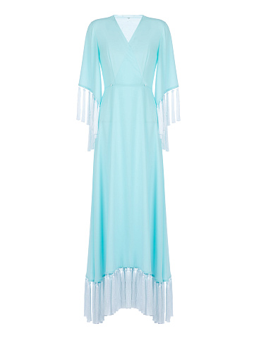 Light Blue Embroidered Silk Fringed Wrap Dress, 1
