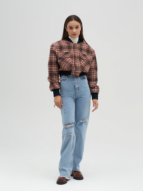 Rust Brown Plaid Cropped Bomber Jacket, 4 Rust Brown Plaid Cropped Bomber Jacket, 4