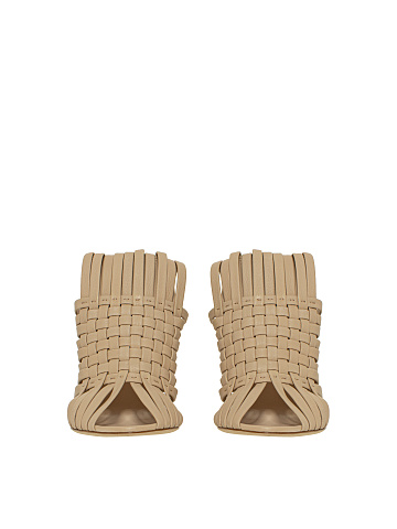 Beige Woven Leather Heeled Mules, 2
