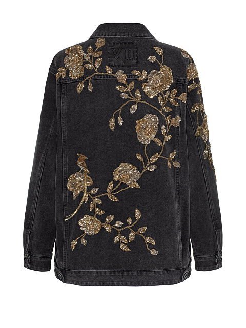 Black Denim Jacket with Floral Embroidery, 5