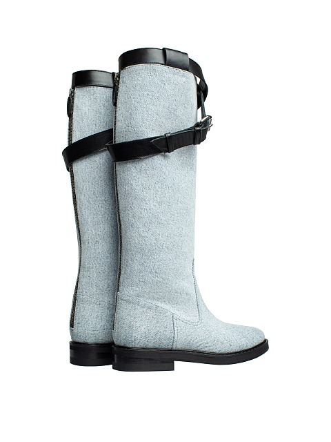 Light Blue Denim & Leather Buckled Knee Boots, 3