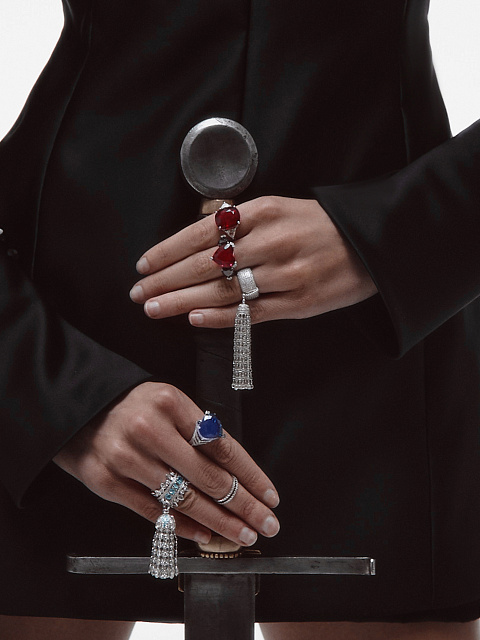 Tourmaline Paraiba & Round, Pear Diamond & White Gold Tassel Ring, 4