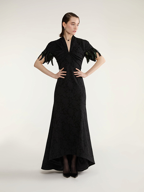 Black Jacquard Maxi Dress With Feathers, 5 Black Jacquard Maxi Dress With Feathers, 5
