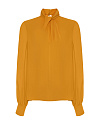 Блуза из желтого шелка с длинным рукавом, воротник стойка с драпировкой