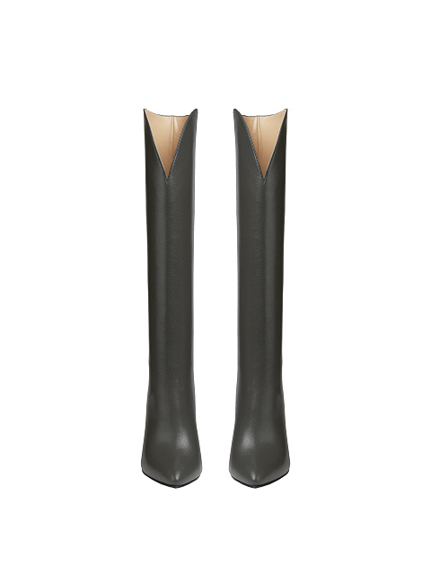 Dark Grey Leather Heeled Tall Boots, 2