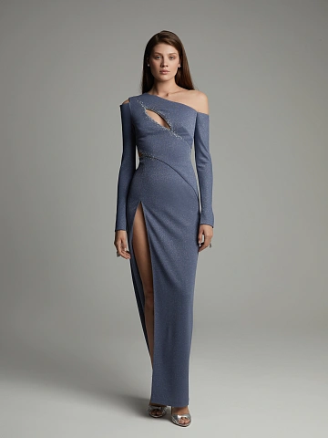 Blue Asymmetric Lurex & Rhinestones Maxi Dress, 2