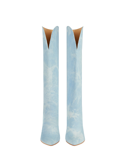 Blue Tie-Dye Denim Heeled Tall Boots, 2