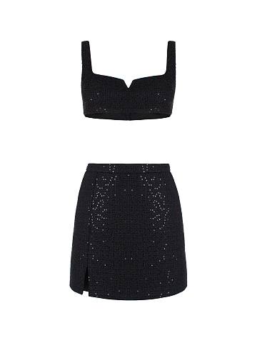 Black Tweed & Rhinestone Top & Mini Skirt, 1