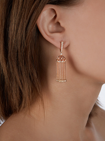 Brown Briolette Diamond & Brown Round Diamond & Rose Gold Tassel Earrings, 2