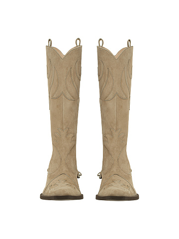 Beige Leather Embroidered Cowboy Boots, 2