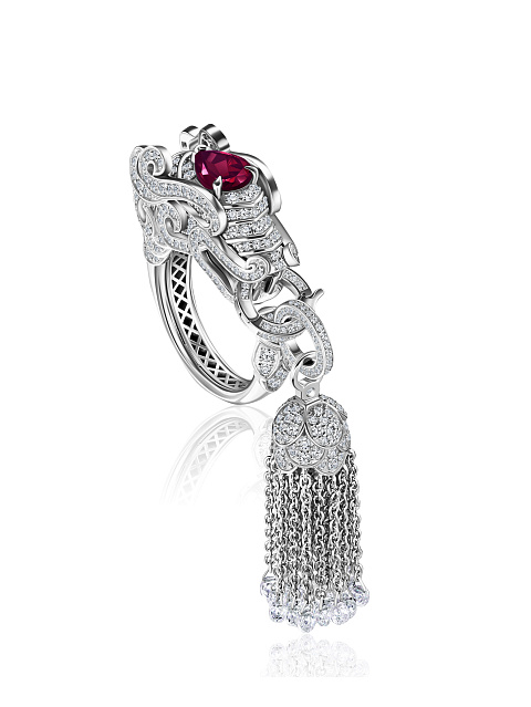 White Gold, Ruby & Diamonds Tassel Ring, 1
