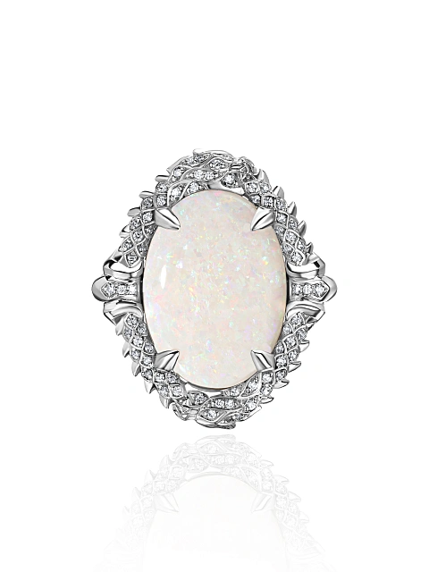 White gold ring with opal and diamonds, 5