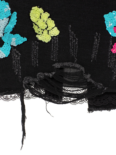 Black cropped denim jacket with raw hem and floral embroidery, 4 Black cropped denim jacket with raw hem and floral embroidery, 4