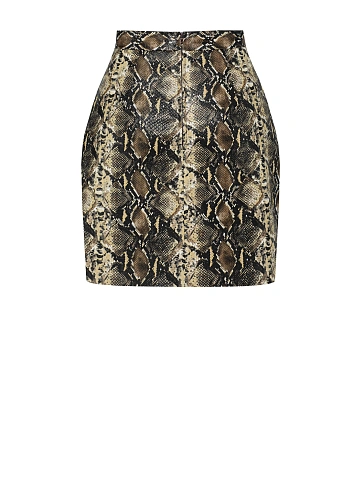 Beige Snakeskin Prined Faux Leather Mini Skirt, 2