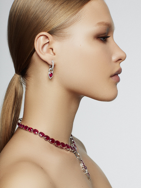 Ruby Pear, Round Diamond & White Gold Earrings, 2