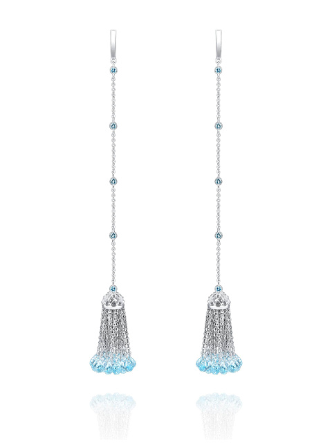Briolette Topaz Sky Blue & Round Topaz Sky Blue & White Gold Tassel Earrings, 1