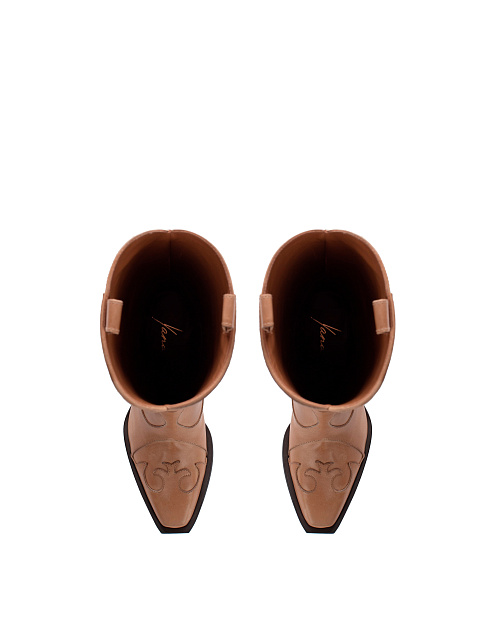 Dark Beige Leather Embroidered Cowboy Boots, 4