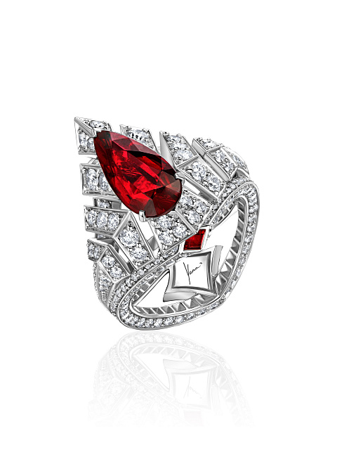 Pear Pigeon Blood Ruby, Round Diamond & White Gold Ring, 1