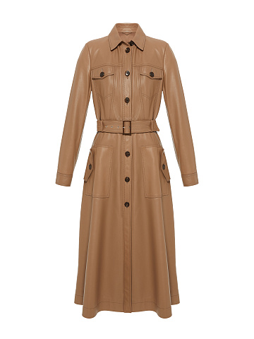 Beige Belted Leather Coat, 1