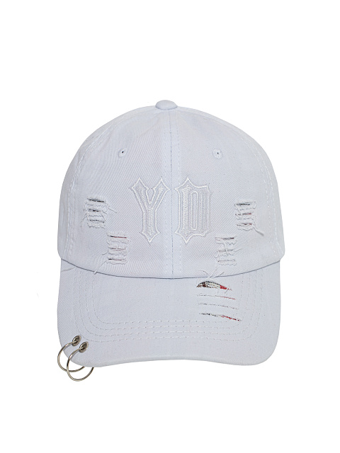 White Distressed Denim Cap With Rings, 2 White Distressed Denim Cap With Rings, 2
