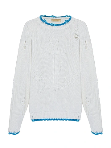 White & Blue Unisex Anchor Cotton Sweater, 1