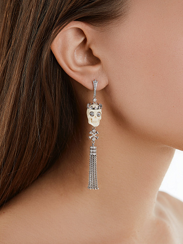 White Gold, Diamonds & Mammoth Tusk Skull Tassel Earrings, 2