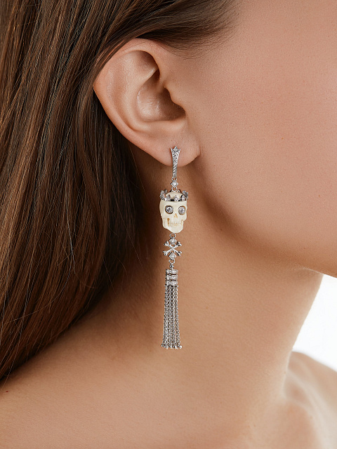 White Gold, Diamonds & Mammoth Tusk Skull Tassel Earrings, 2