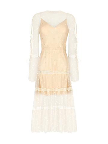 Beige Polka Dot Midi Dress, 1