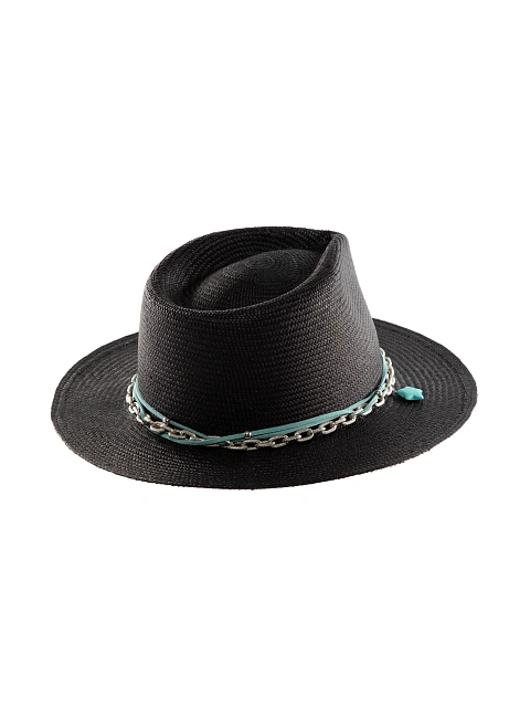 Black Straw Hat With Chain & Turquoise Star, 3 Black Straw Hat With Chain & Turquoise Star, 3