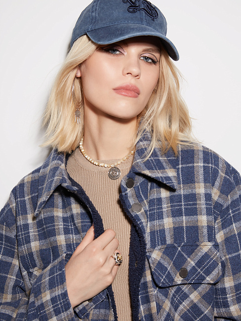Navy Blue Checked Blue Faux Fur Lined Shirt, 6 Navy Blue Checked Blue Faux Fur Lined Shirt, 6