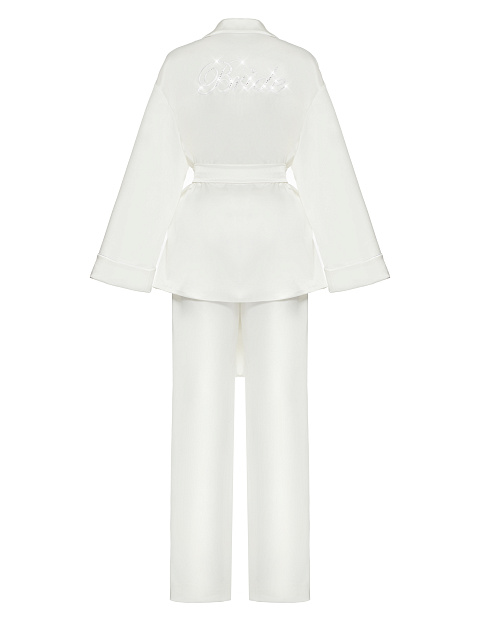 White Embroidered "Bride" Silk Pajama Set, 2 White Embroidered "Bride" Silk Pajama Set, 2