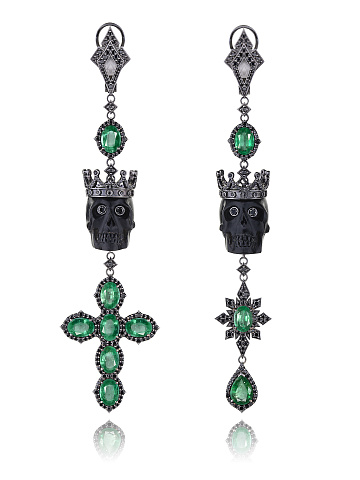 Black Gold, Emerald, Diamonds & Ebony Skull Earrings, 1